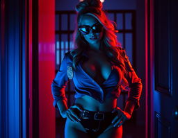 A striking scene featuring a natural blonde woman with long wavy hair styled in a bun, showcasing her captivating blue eyes