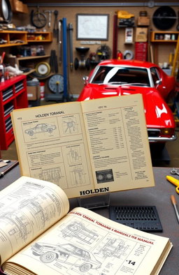 An illustration of a vintage 1972-74 Holden Torana LJ workshop manual, open on a workbench