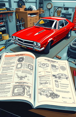 An illustration of a vintage 1972-74 Holden Torana LJ workshop manual, open on a workbench