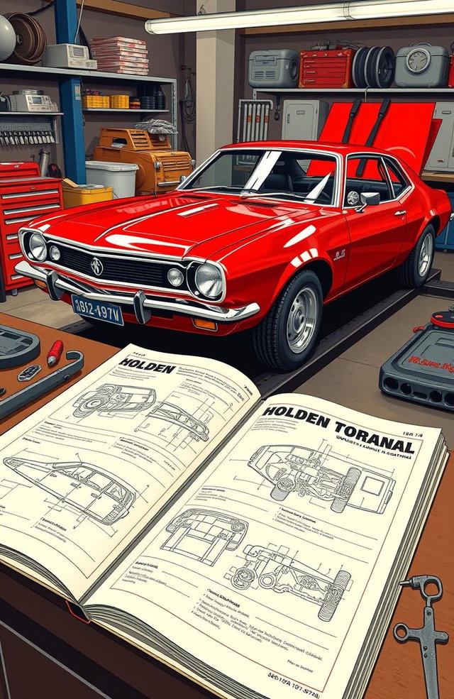 An illustration of a vintage 1972-74 Holden Torana LJ workshop manual, open on a workbench
