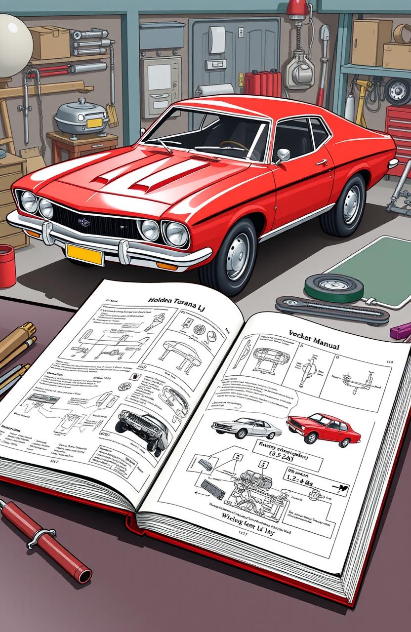 An illustration of a vintage 1972-74 Holden Torana LJ workshop manual, open on a workbench
