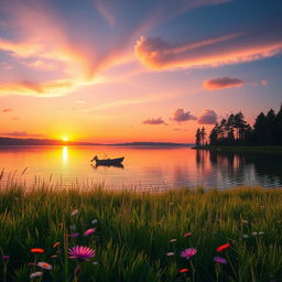 A stunning scene depicting an enchanting sunset over a serene lake, with vibrant colors of orange, pink, and purple reflecting on the water