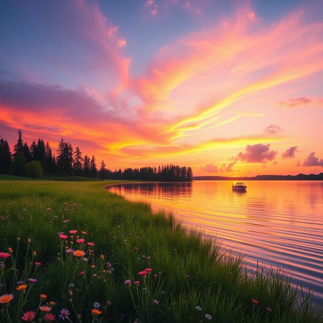 A stunning scene depicting an enchanting sunset over a serene lake, with vibrant colors of orange, pink, and purple reflecting on the water
