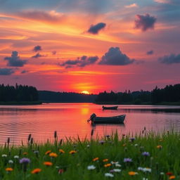 A stunning scene depicting an enchanting sunset over a serene lake, with vibrant colors of orange, pink, and purple reflecting on the water