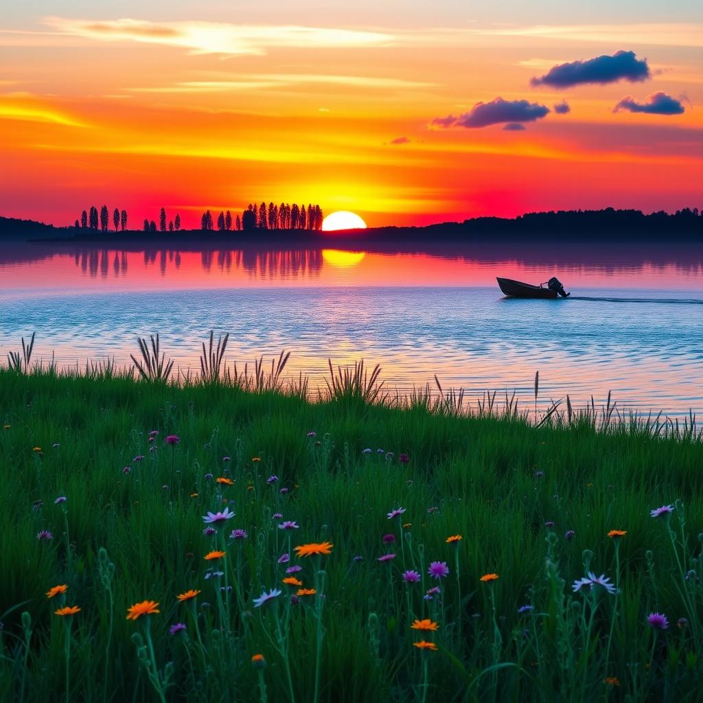 A stunning scene depicting an enchanting sunset over a serene lake, with vibrant colors of orange, pink, and purple reflecting on the water