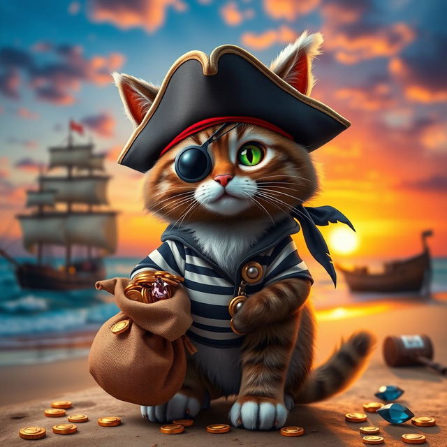A playful pirate cat thief, wearing a classic tricorn hat adorned with a feather, a striped pirate shirt, and a little eye patch