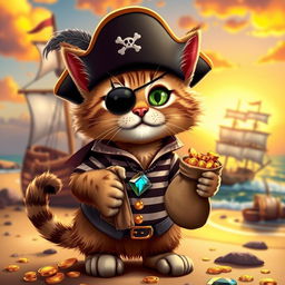 A playful pirate cat thief, wearing a classic tricorn hat adorned with a feather, a striped pirate shirt, and a little eye patch