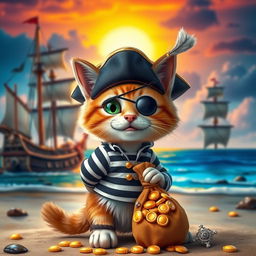 A playful pirate cat thief, wearing a classic tricorn hat adorned with a feather, a striped pirate shirt, and a little eye patch