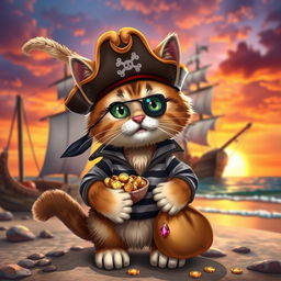 A playful pirate cat thief, wearing a classic tricorn hat adorned with a feather, a striped pirate shirt, and a little eye patch