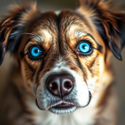 A close-up of a dog with vibrant blue eyes, showcasing the dog's fur texture and expressions