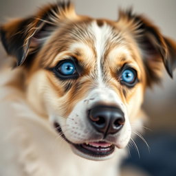 A close-up of a dog with vibrant blue eyes, showcasing the dog's fur texture and expressions