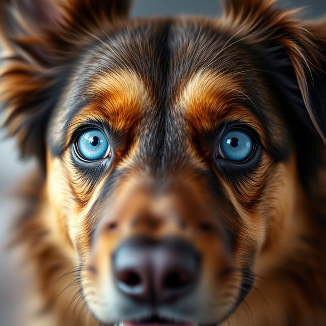 A close-up of a dog with vibrant blue eyes, showcasing the dog's fur texture and expressions