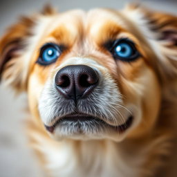 A close-up of a dog with vibrant blue eyes, showcasing the dog's fur texture and expressions