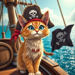A charming pirate cat, featuring a fluffy orange tabby with striking blue eyes, wearing a classic tattered pirate hat with a skull emblem on it