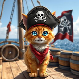 A charming pirate cat, featuring a fluffy orange tabby with striking blue eyes, wearing a classic tattered pirate hat with a skull emblem on it