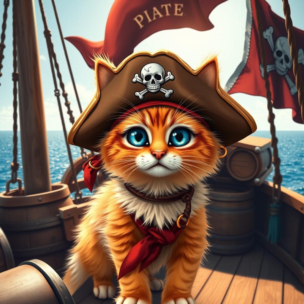 A charming pirate cat, featuring a fluffy orange tabby with striking blue eyes, wearing a classic tattered pirate hat with a skull emblem on it