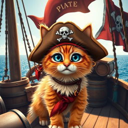 A charming pirate cat, featuring a fluffy orange tabby with striking blue eyes, wearing a classic tattered pirate hat with a skull emblem on it