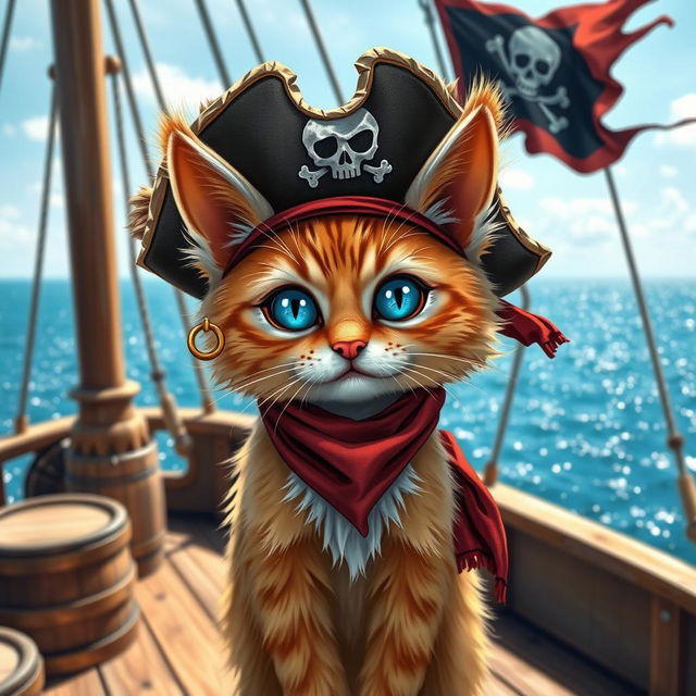 A charming pirate cat, featuring a fluffy orange tabby with striking blue eyes, wearing a classic tattered pirate hat with a skull emblem on it