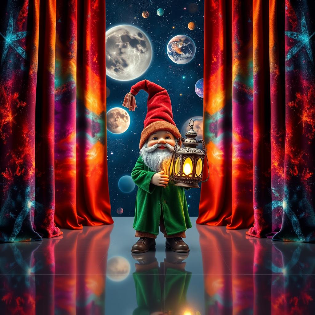 A charming scene featuring very long curtains displaying a vibrant colorful nebula pattern, dramatically opened to both sides