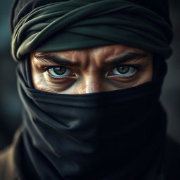 A close-up portrait of a face-covered resistance fighter, emphasizing their determined eyes and the intricate details of their headgear
