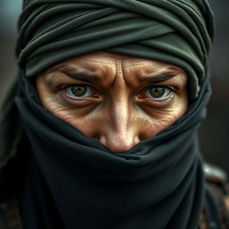 A close-up portrait of a face-covered resistance fighter, emphasizing their determined eyes and the intricate details of their headgear