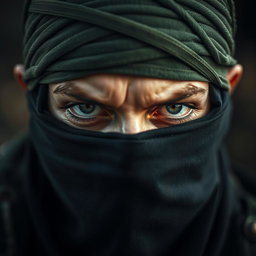 A close-up portrait of a face-covered resistance fighter, emphasizing their determined eyes and the intricate details of their headgear