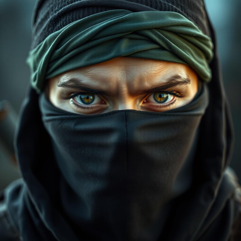 A close-up portrait of a face-covered resistance fighter, emphasizing their determined eyes and the intricate details of their headgear
