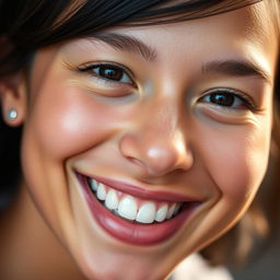 A close-up portrait of a person with a glowing smile, capturing the joy and warmth in their expression