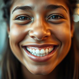 A close-up portrait of a person with a glowing smile, capturing the joy and warmth in their expression