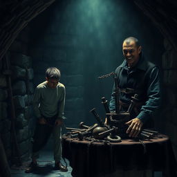 A dark and foreboding dungeon scene depicting a dramatic confrontation