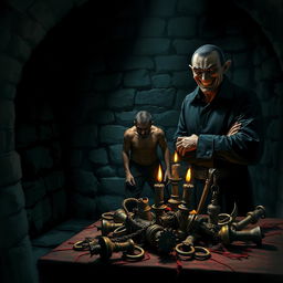 A dark and foreboding dungeon scene depicting a dramatic confrontation