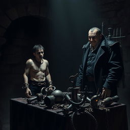 A dark and foreboding dungeon scene depicting a dramatic confrontation