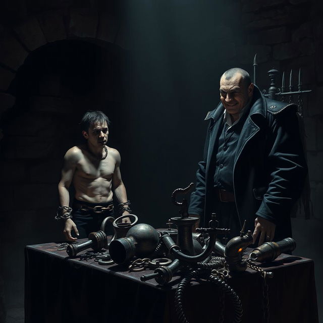 A dark and foreboding dungeon scene depicting a dramatic confrontation