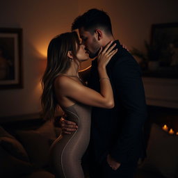 An intimate and seductive scene featuring a couple sharing a passionate kiss in a dimly lit room