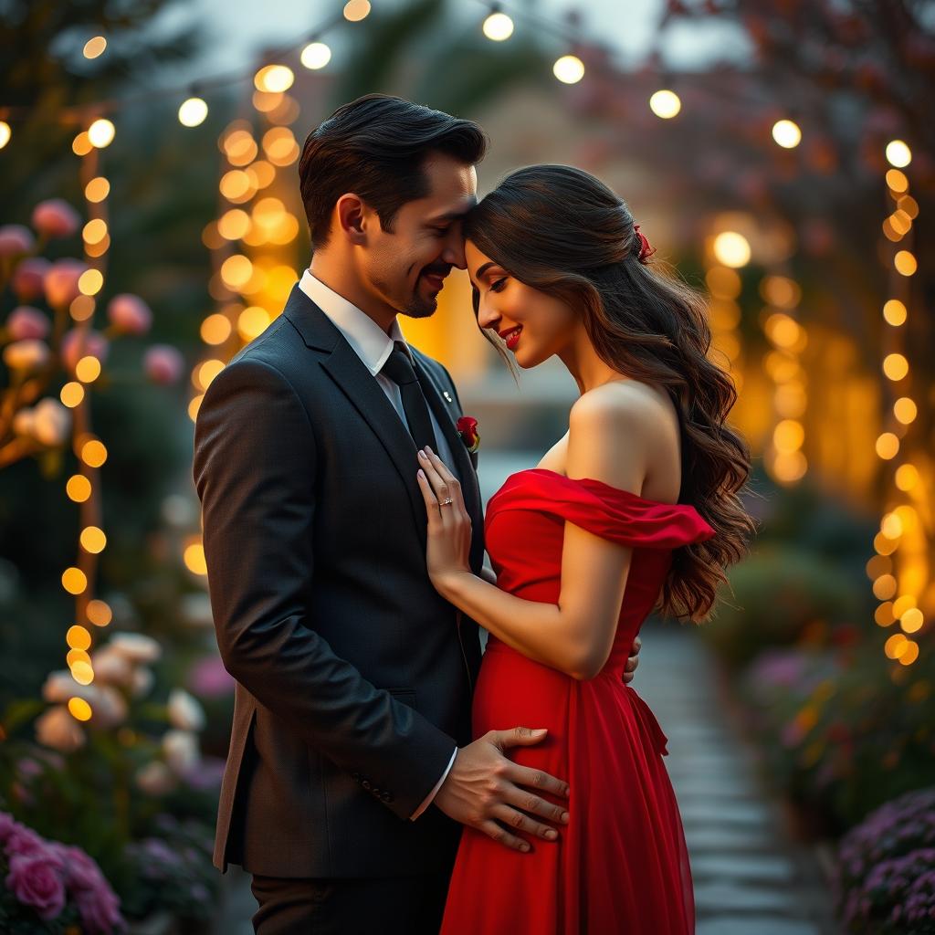 An intimate scene featuring two elegant individuals, a confident woman in a flowing red dress and a well-dressed man in a tailored suit, standing closely together in a beautifully lit, romantic setting