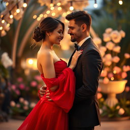 An intimate scene featuring two elegant individuals, a confident woman in a flowing red dress and a well-dressed man in a tailored suit, standing closely together in a beautifully lit, romantic setting