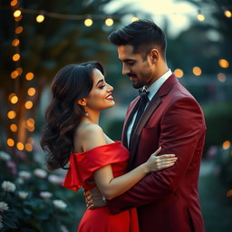 An intimate scene featuring two elegant individuals, a confident woman in a flowing red dress and a well-dressed man in a tailored suit, standing closely together in a beautifully lit, romantic setting