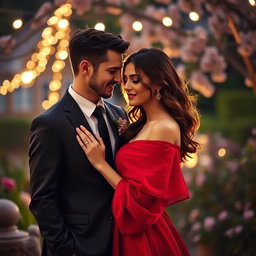 An intimate scene featuring two elegant individuals, a confident woman in a flowing red dress and a well-dressed man in a tailored suit, standing closely together in a beautifully lit, romantic setting