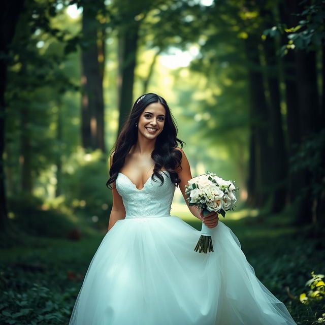 A young Italian woman with dark long wavy hair and beautiful blue eyes, resembling Mila Kunis, in an elegant wedding gown, joyfully walking through a tranquil forest