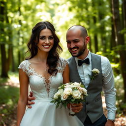A young Italian woman with dark long wavy hair and beautiful blue eyes, resembling Mila Kunis, in an elegant wedding gown, joyfully walking through a tranquil forest