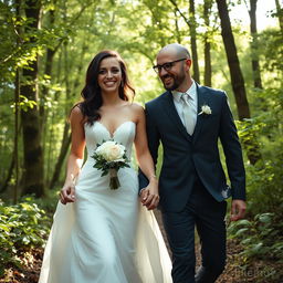 A young Italian woman with dark long wavy hair and beautiful blue eyes, resembling Mila Kunis, in an elegant wedding gown, joyfully walking through a tranquil forest