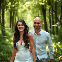 A young Italian woman with dark long wavy hair and beautiful blue eyes, resembling Mila Kunis, in an elegant wedding gown, joyfully walking through a tranquil forest