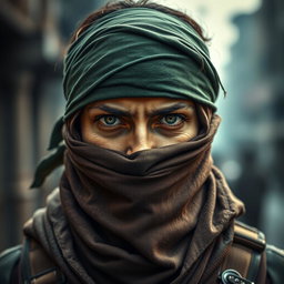 A portrait of a determined resistance fighter with their face covered by a scarf, emphasizing their piercing eyes and steely gaze