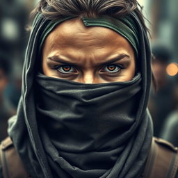 A portrait of a determined resistance fighter with their face covered by a scarf, emphasizing their piercing eyes and steely gaze