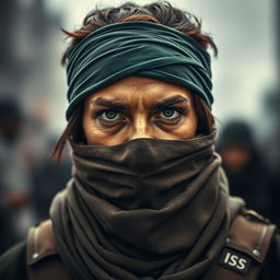 A portrait of a determined resistance fighter with their face covered by a scarf, emphasizing their piercing eyes and steely gaze