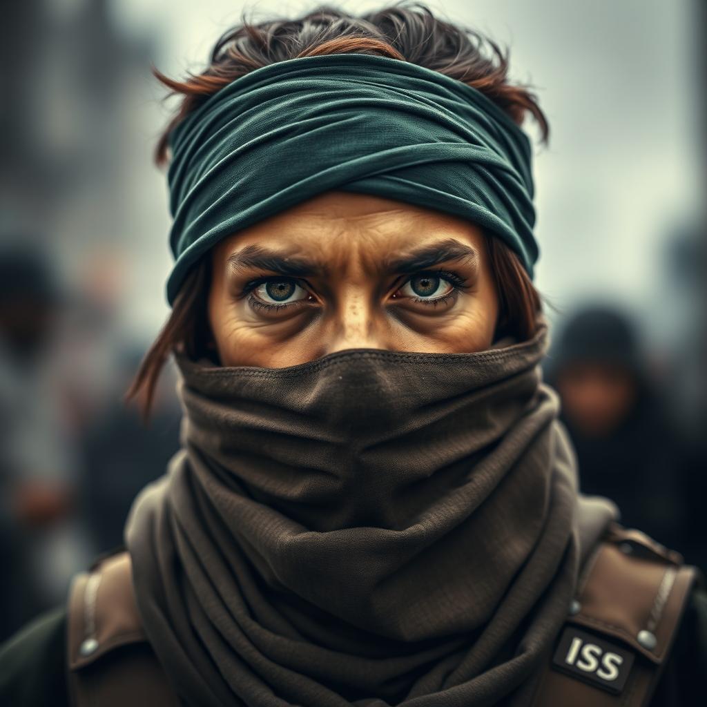 A portrait of a determined resistance fighter with their face covered by a scarf, emphasizing their piercing eyes and steely gaze