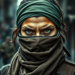 A portrait of a determined resistance fighter with their face covered by a scarf, emphasizing their piercing eyes and steely gaze