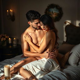 A sensual and intimate scene featuring two adult figures, surrounded by soft, flattering light that casts gentle shadows, creating a romantic atmosphere