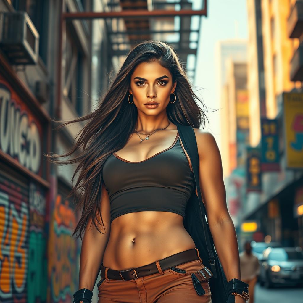 A scene depicting a strong and confident woman standing tall in a vibrant urban environment, showcasing her determination and resilience
