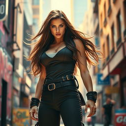 A scene depicting a strong and confident woman standing tall in a vibrant urban environment, showcasing her determination and resilience
